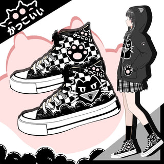 Kawaii Checkered Cat Paw Spooky Canvas Sneaker Shoe White Shoes by The Kawaii Shoppu | The Kawaii Shoppu
