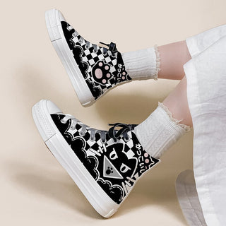 Kawaii Checkered Cat Paw Spooky Canvas Sneaker Shoe White Shoes by The Kawaii Shoppu | The Kawaii Shoppu
