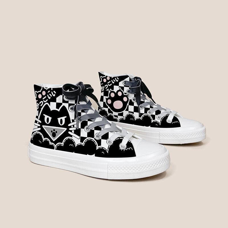 Kawaii Checkered Cat Paw Spooky Canvas Sneaker Shoe White Shoes by The Kawaii Shoppu | The Kawaii Shoppu