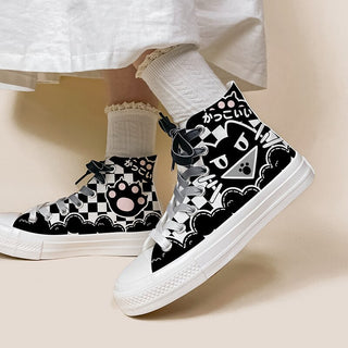 Kawaii Checkered Cat Paw Spooky Canvas Sneaker Shoe White Shoes by The Kawaii Shoppu | The Kawaii Shoppu