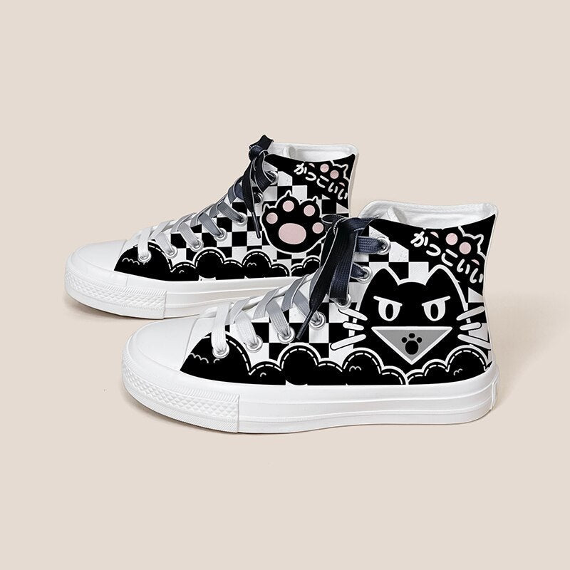 Kawaii Checkered Cat Paw Spooky Canvas Sneaker Shoe White Shoes by The Kawaii Shoppu | The Kawaii Shoppu
