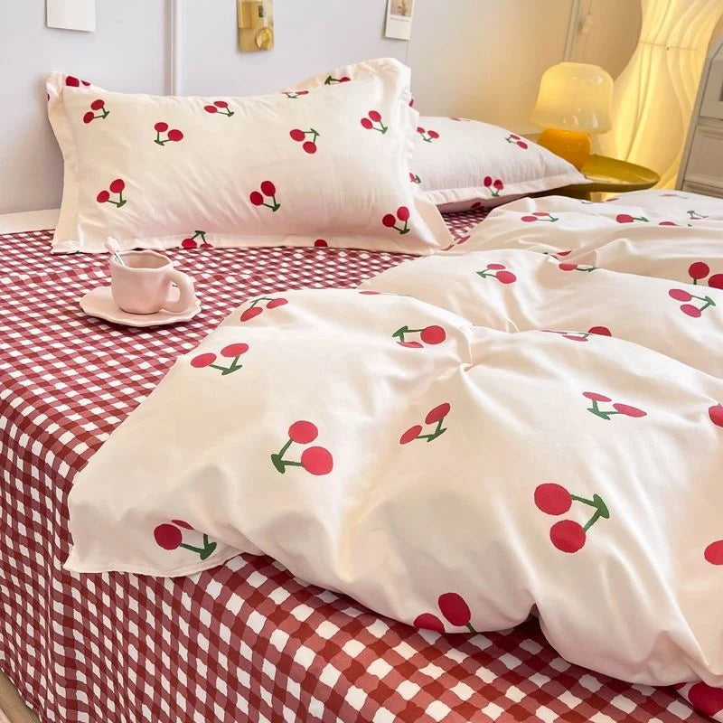 Kawaii Cherry Korean INS Duvet Cover Set Cherry set Single 4pcs 150x200 by The Kawaii Shoppu | The Kawaii Shoppu