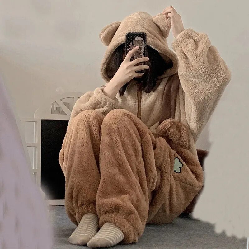 Kawaii Cute Hooded Ears Brown Bear Warm Fluffy Onesie Bear by The Kawaii Shoppu | The Kawaii Shoppu