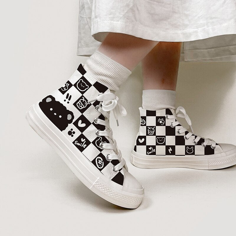 Kawaii Cute Icon Chess Checkered Canvas Sneaker Shoe White Shoes by The Kawaii Shoppu | The Kawaii Shoppu