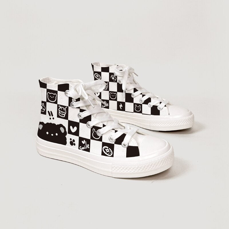 Kawaii Cute Icon Chess Checkered Canvas Sneaker Shoe White Shoes by The Kawaii Shoppu | The Kawaii Shoppu