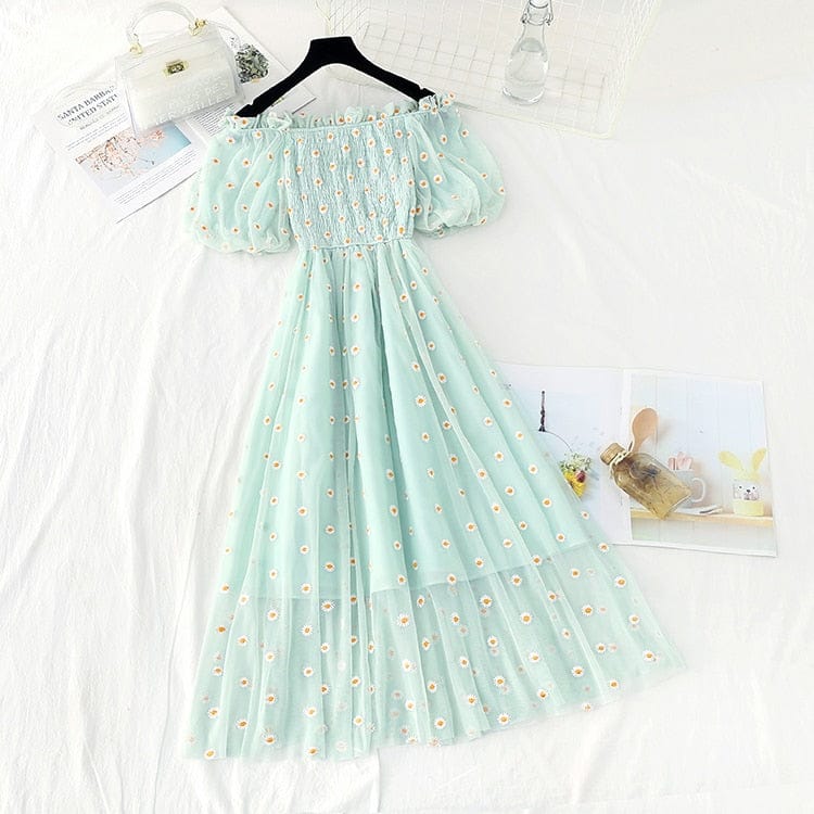 Kawaii Daisy Puff Sleeve Summer Dress - S - XL light green XL Fashion The Kawaii Shoppu