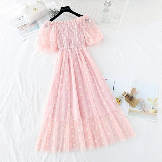 Kawaii Daisy Puff Sleeve Summer Dress - S - XL Pink S Fashion The Kawaii Shoppu