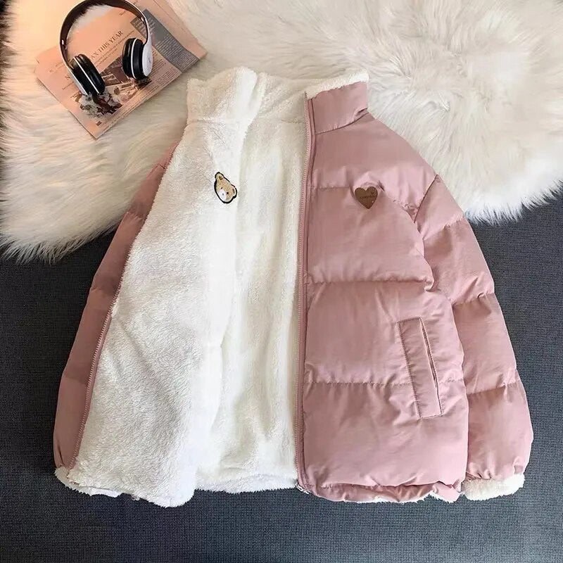 Kawaii Double Sided Cute Love Bear Winter Puffer Jacket Pink S Clothing and Accessories by The Kawaii Shoppu | The Kawaii Shoppu