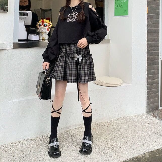 Kawaii Goth Plaid Bow Skirt Black Plaid Fashion The Kawaii Shoppu