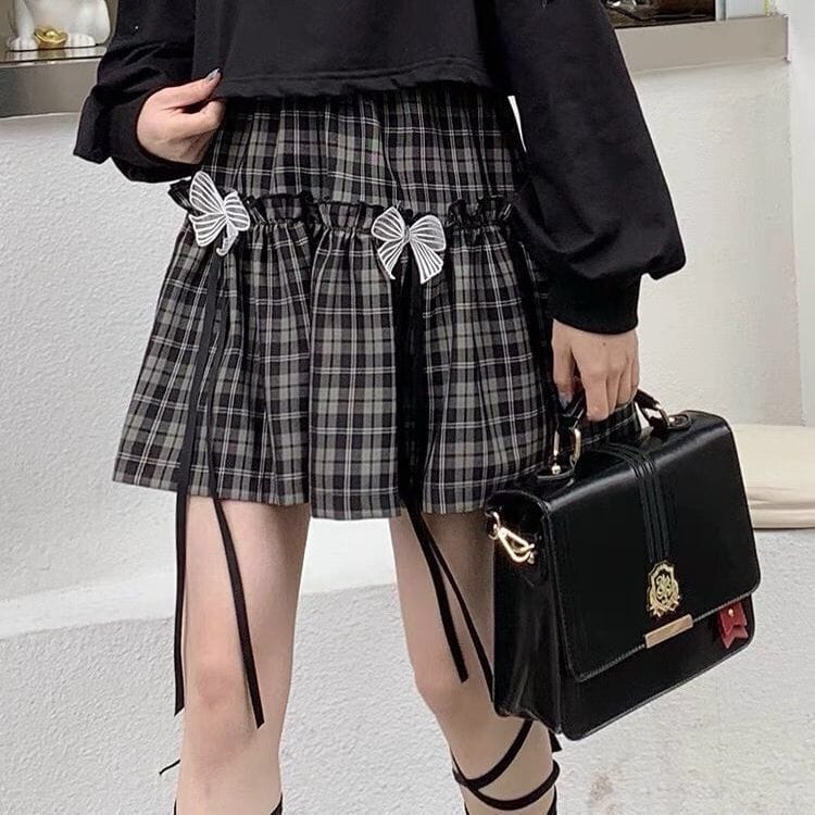 Kawaii Goth Plaid Bow Skirt Black Plaid Fashion The Kawaii Shoppu