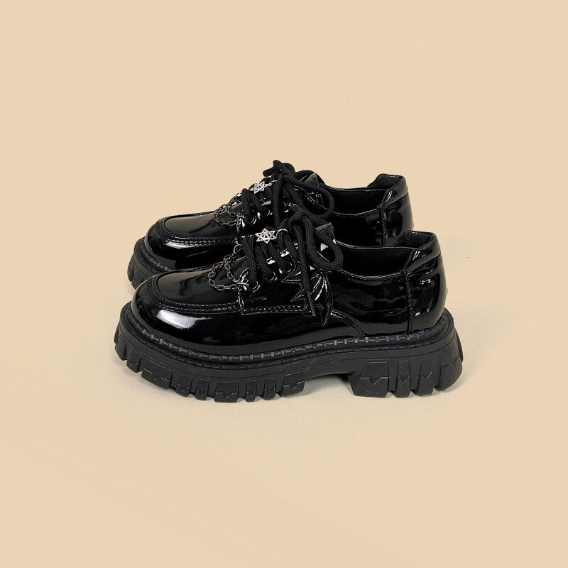 Kawaii Goth PVC Chunky Brogue Shoe Black Shoes by The Kawaii Shoppu | The Kawaii Shoppu