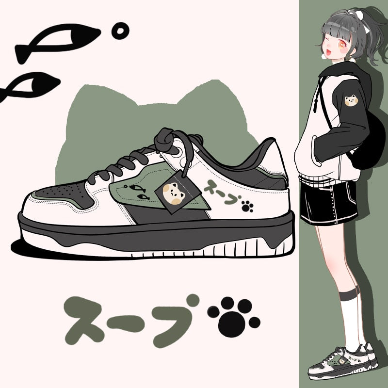 Kawaii Neko Green black Chunky Sneaker Skater Shoe White by The Kawaii Shoppu | The Kawaii Shoppu
