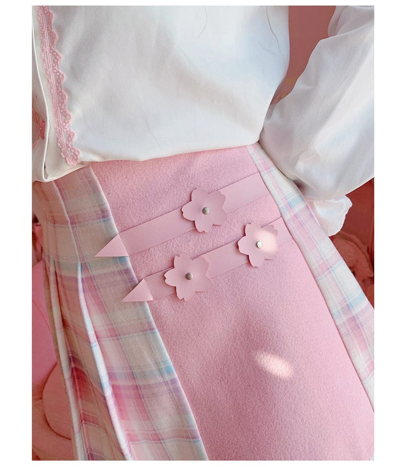 Kawaii Patchwork Plaid Sakura Skirt Pink Clothing and Accessories The Kawaii Shoppu