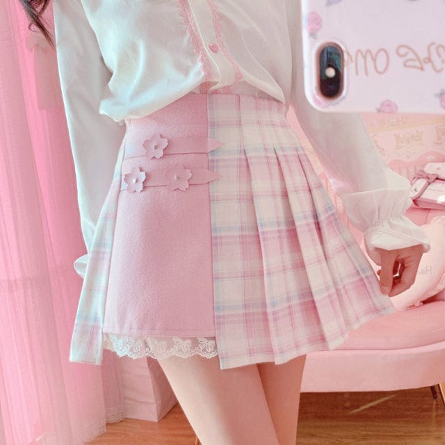 Kawaii Patchwork Plaid Sakura Skirt Pink S Clothing and Accessories The Kawaii Shoppu
