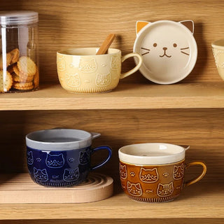 Kawaii Pet Coffee Mug with Lid – Ceramic Breakfast Cup 300ml