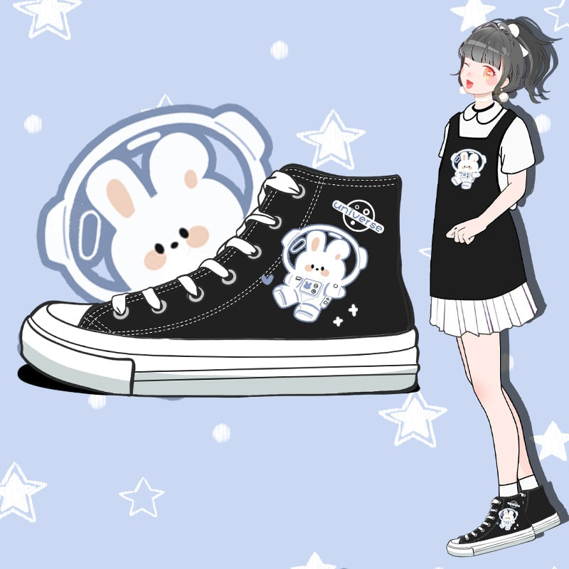 Kawaii Space Bunny Canvas Hi Tops Shoe Black Shoes by The Kawaii Shoppu | The Kawaii Shoppu