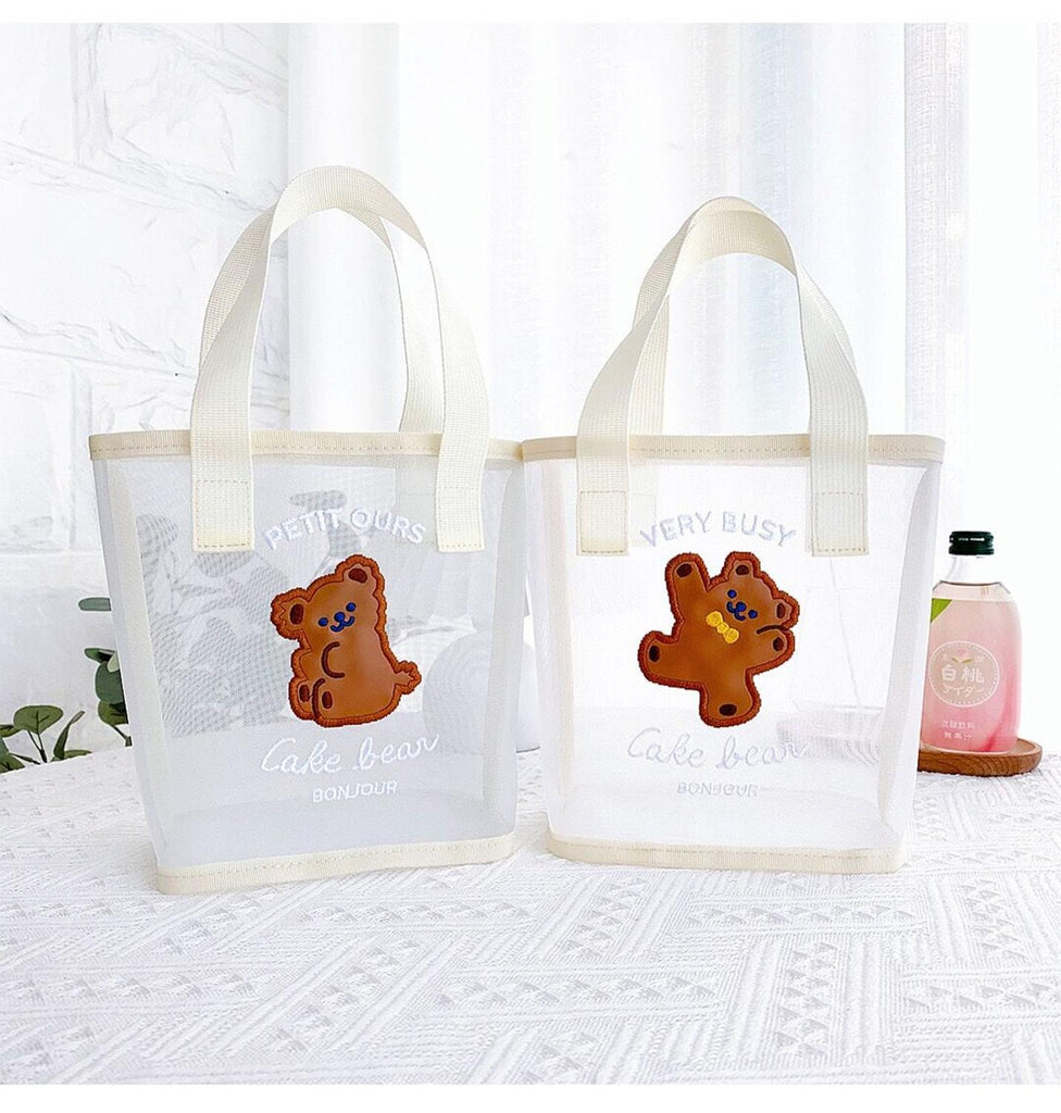 Kawaii Transparent Mesh Bear Shopping Tote Bag Bags by The Kawaii Shoppu | The Kawaii Shoppu