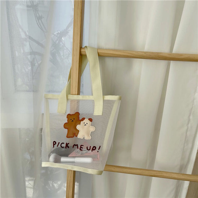 Kawaii Transparent Mesh Bear Shopping Tote Bag Beige Bags by The Kawaii Shoppu | The Kawaii Shoppu