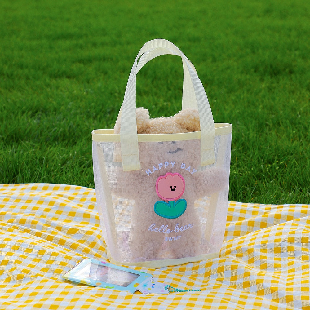 Kawaii Transparent Mesh Bear Shopping Tote Bag Flower Bags by The Kawaii Shoppu | The Kawaii Shoppu