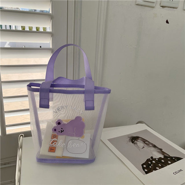 Kawaii Transparent Mesh Bear Shopping Tote Bag Purple Bags by The Kawaii Shoppu | The Kawaii Shoppu