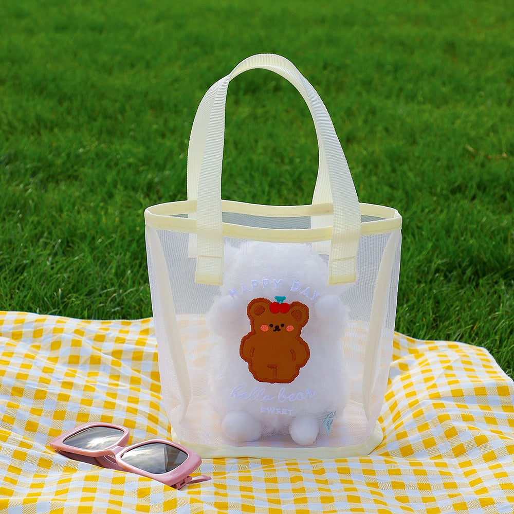 Kawaii Transparent Mesh Bear Shopping Tote Bag White Head Bags by The Kawaii Shoppu | The Kawaii Shoppu