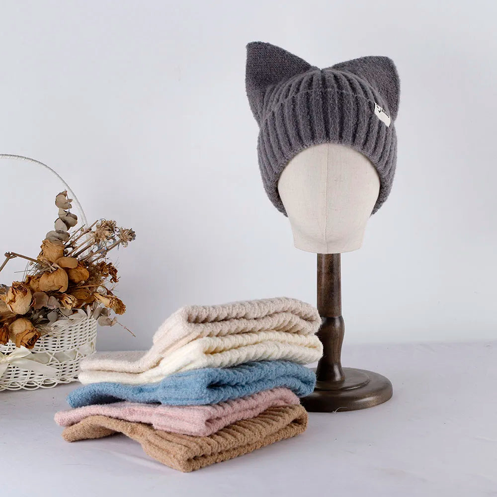 Kitty Beanie Korean Style Woolly Knitted Hat 56-58cm Clothing and Accessories by The Kawaii Shoppu | The Kawaii Shoppu