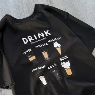 Korean Drink Cat T-Shirt – Loose Fit Cartoon Tee