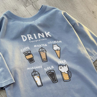 Korean Drink Cat T-Shirt – Loose Fit Cartoon Tee