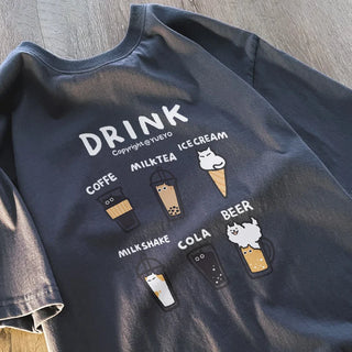 Korean Drink Cat T-Shirt – Loose Fit Cartoon Tee
