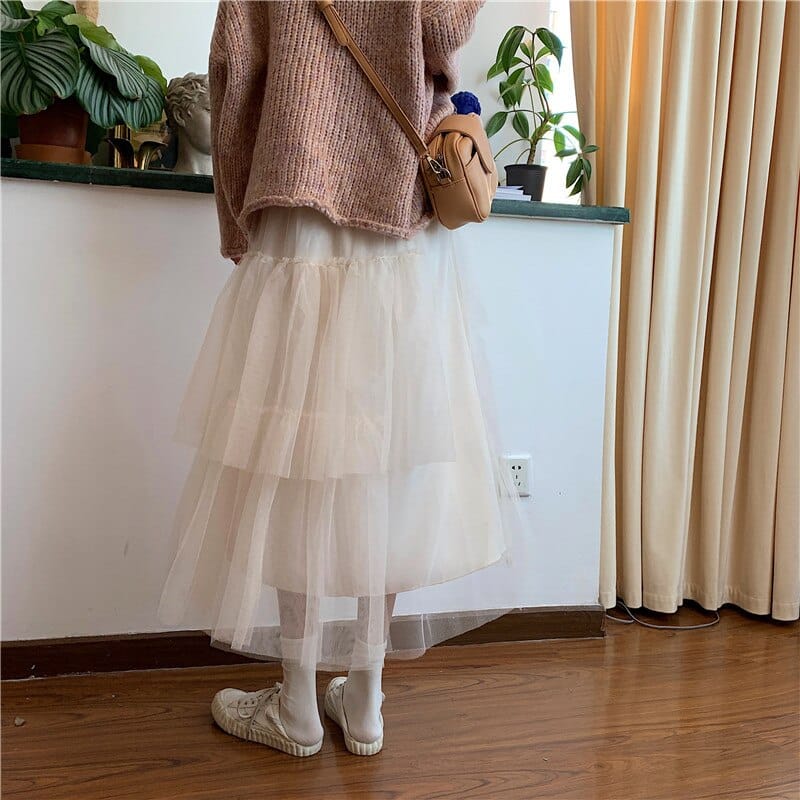 Korean Style Midi Mesh Skirt Fashion The Kawaii Shoppu