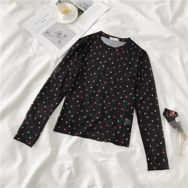 Long Sleeve Kawaii Print Top black small flower One Size Fashion The Kawaii Shoppu