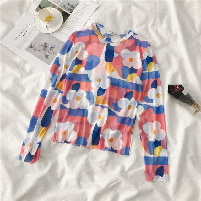 Long Sleeve Kawaii Print Top blue One Size Fashion The Kawaii Shoppu