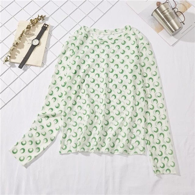 Long Sleeve Kawaii Print Top green moon One Size Fashion The Kawaii Shoppu