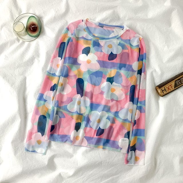 Long Sleeve Kawaii Print Top light blue One Size Fashion The Kawaii Shoppu