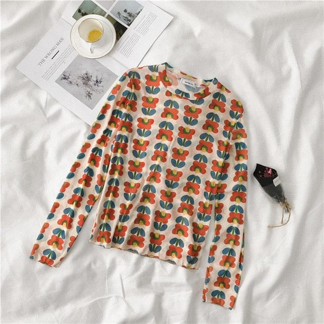 Long Sleeve Kawaii Print Top line flower orange One Size Fashion The Kawaii Shoppu