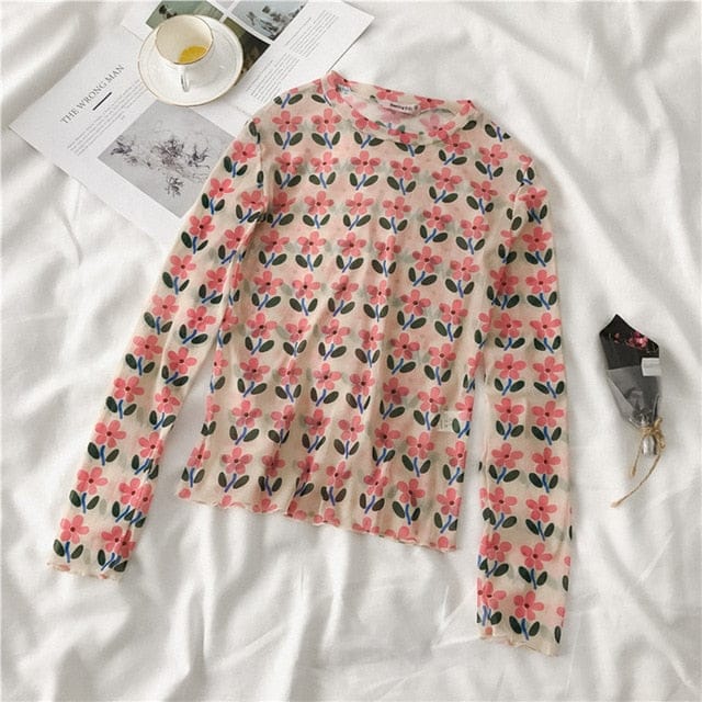 Long Sleeve Kawaii Print Top line flower pink One Size Fashion The Kawaii Shoppu