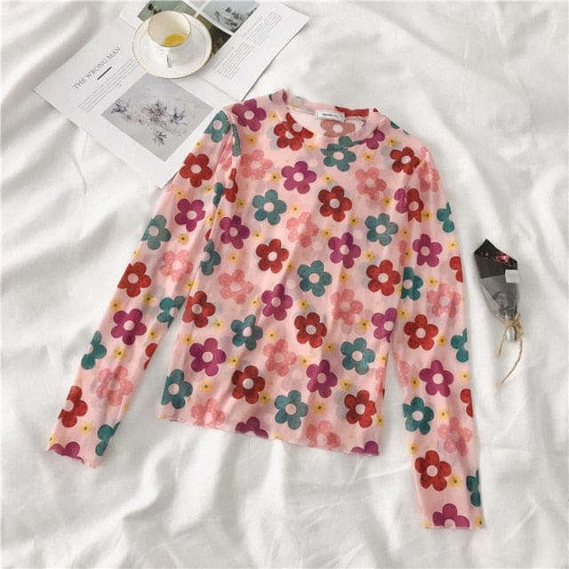 Long Sleeve Kawaii Print Top multi pink sunflower One Size Fashion The Kawaii Shoppu