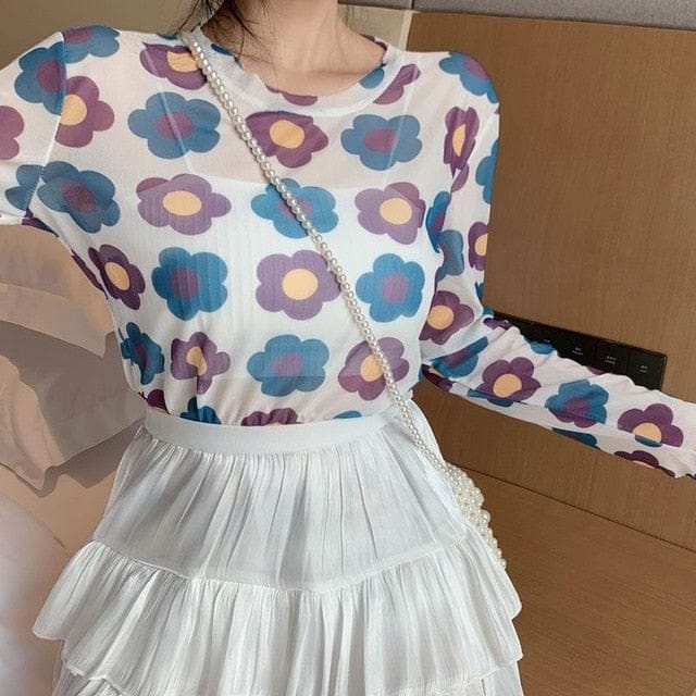 Long Sleeve Kawaii Print Top white sunflower One Size Fashion The Kawaii Shoppu