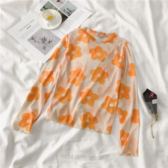 Long Sleeve Kawaii Print Top yellow big flower One Size Fashion The Kawaii Shoppu