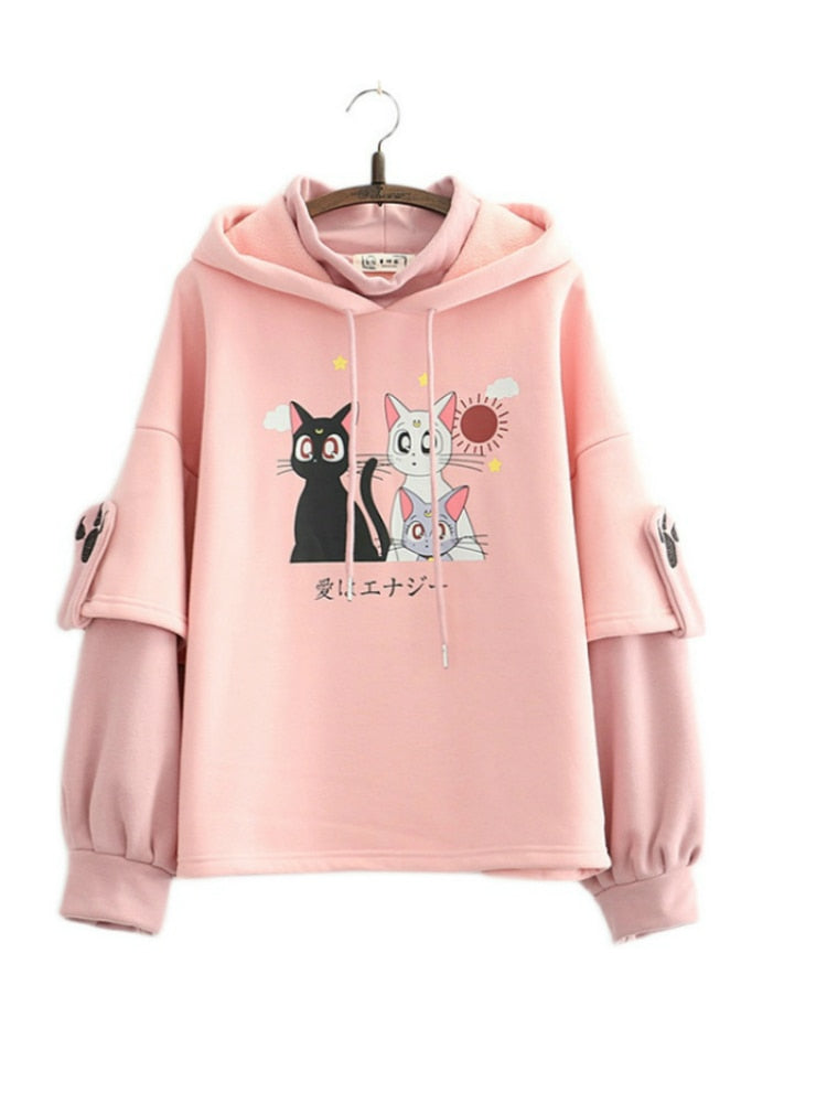 Luna Cat Kawaii Fleece Hoodie One Size Clothing and Accessories by The Kawaii Shoppu | The Kawaii Shoppu