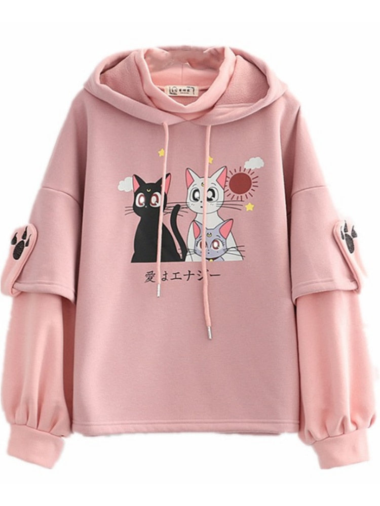 Luna Cat Kawaii Fleece Hoodie One Size Clothing and Accessories by The Kawaii Shoppu | The Kawaii Shoppu