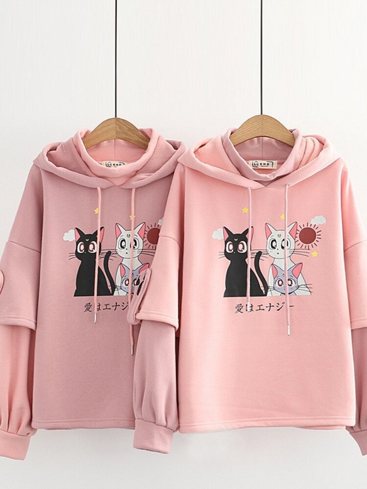 Luna Cat Kawaii Fleece Hoodie One Size Clothing and Accessories by The Kawaii Shoppu | The Kawaii Shoppu