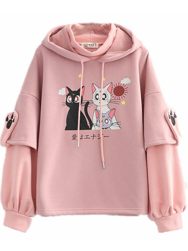 Luna Cat Kawaii Fleece Hoodie Purple One Size Clothing and Accessories by The Kawaii Shoppu | The Kawaii Shoppu