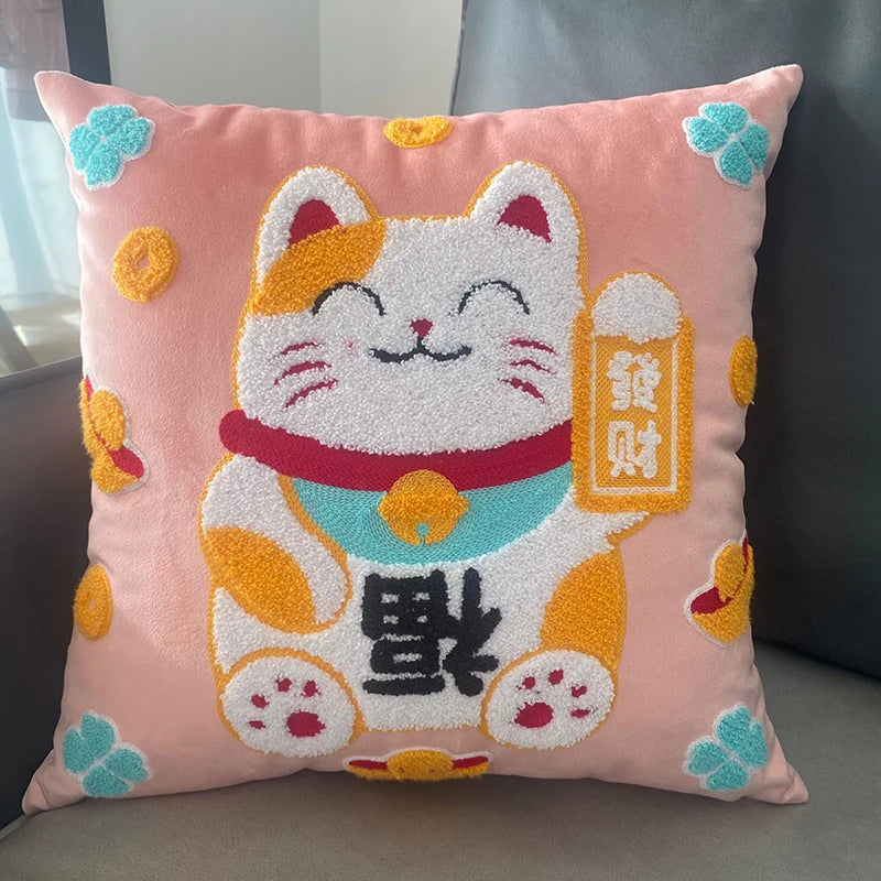 Luxury Lucky Cat Manekineko Plush Pillow Cushion Cover and Pillow 45x45cm Cover Home Decor by The Kawaii Shoppu | The Kawaii Shoppu