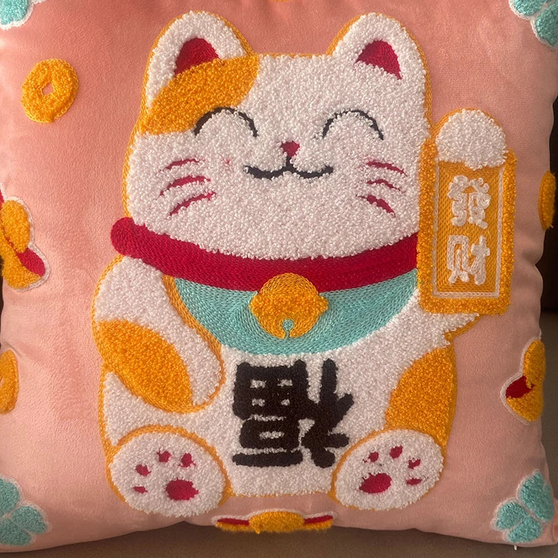 Luxury Lucky Cat Manekineko Plush Pillow Cushion Cover and Pillow 45x45cm Cover Home Decor by The Kawaii Shoppu | The Kawaii Shoppu