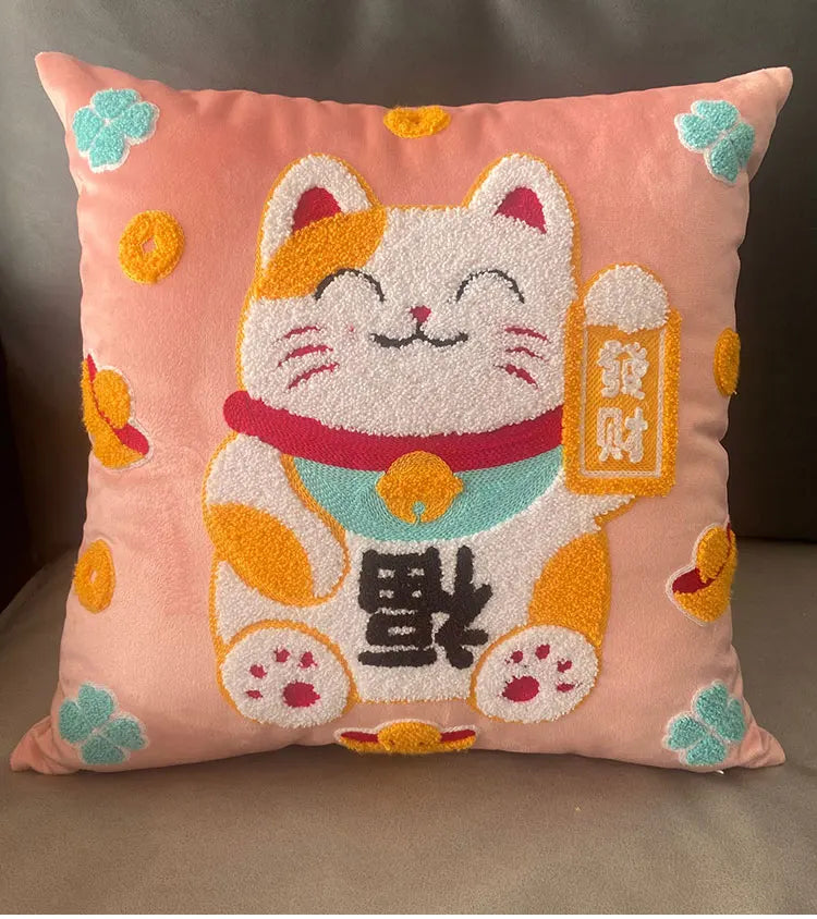 Luxury Lucky Cat Manekineko Plush Pillow Cushion Cover and Pillow 45x45cm Cover Home Decor by The Kawaii Shoppu | The Kawaii Shoppu