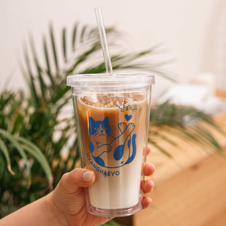 Nyangheayo 'Meow Love You' Korean Clear Double Layer Tumbler Cup Bottle with Straw