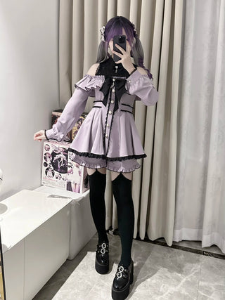 Off-Shoulder Lace Bow Shirt Dress & Shorts Set