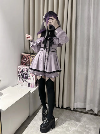 Off-Shoulder Lace Bow Shirt Dress & Shorts Set
