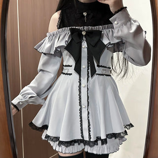 Off-Shoulder Lace Bow Shirt Dress & Shorts Set